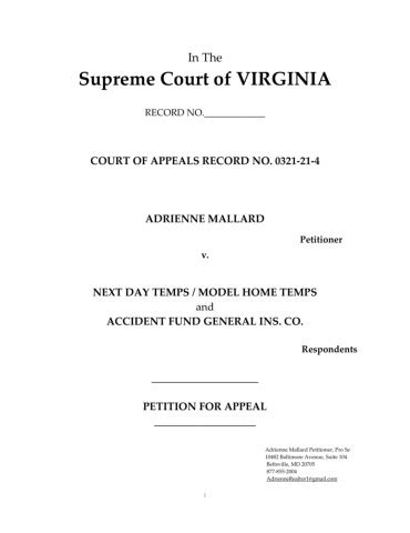 Supreme Court Of Virginia Petition Workers Compensation Commission