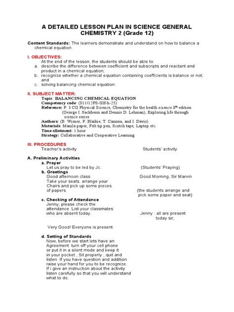 A Detailed Lesson Plan In Science General Chemistry 2 Grade 12