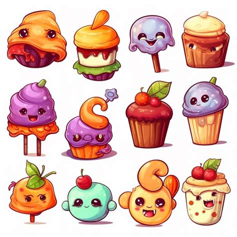 Un Conjunto De Cupcakes De Dibujos Animados Con Diferentes Caras Y