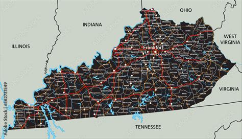 High detailed Kentucky road map with labeling. Stock Vector | Adobe Stock