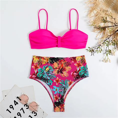 Women High Waist Halter Bikini Set 2023 Summer Flower Print Swimsuit