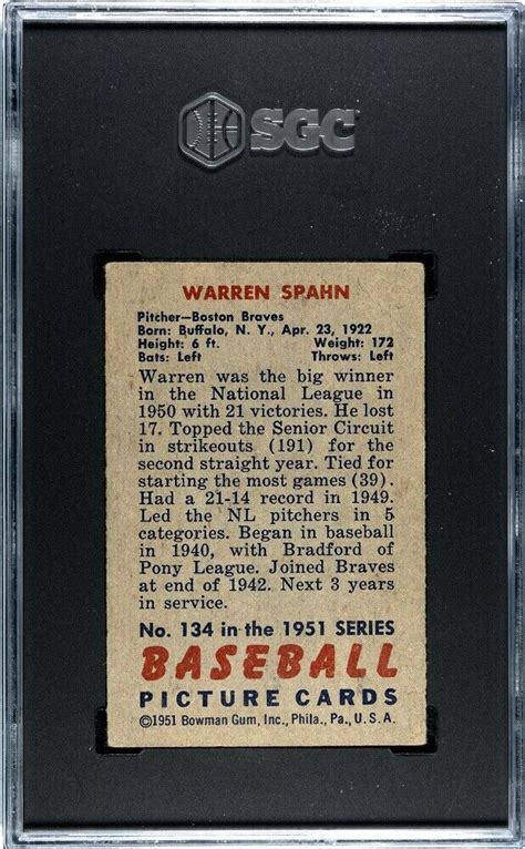 Warren Spahn Bowman Baseball Card Sgc Very Good Ebay