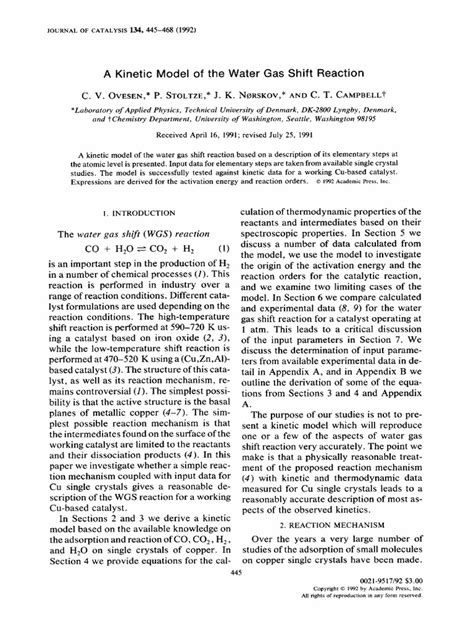 A Kinetic Model Of The Water Gas Shift Reaction Pdf Chemical