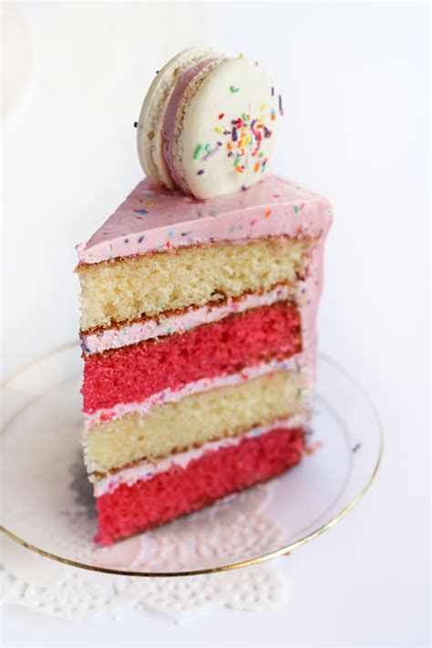 Raspberri Cupcakes Pink And White Layered Sprinkle Cake With Macarons