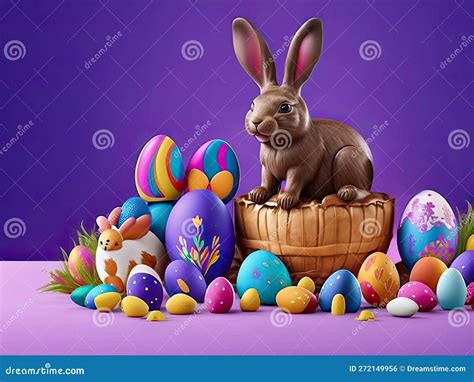 Poster Illustration Of Chocolate Easter Bunny With Colorful Eggs