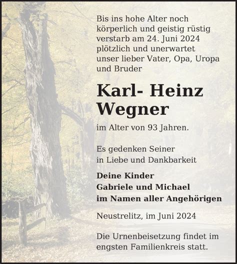 Traueranzeigen Von Karl Heinz Wegner Trauer Nordkurier