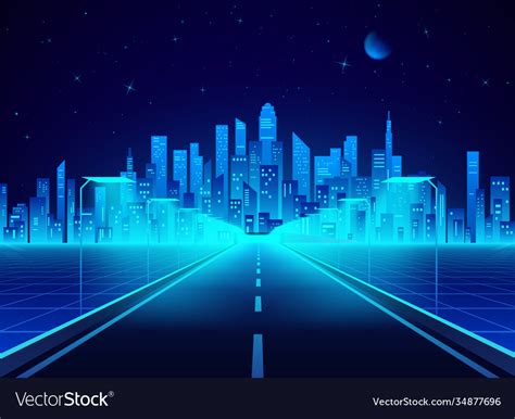 Neon retro city landscape in blue colors highway Vector Image