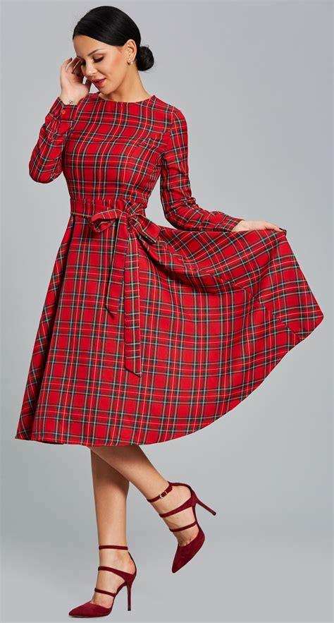 Plaid Long Sleeve Bowknot Womens Skaterdress Grunge Dress Long Sleeve Dress Womens Maxi