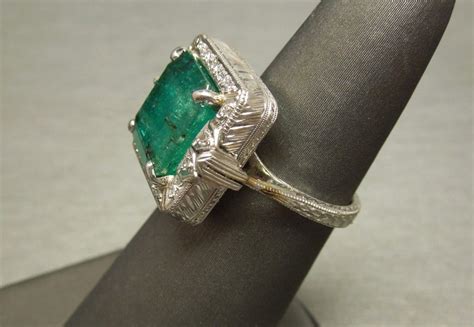 Art Deco Emerald Ring 6.82TCW Platinum Engraved C1930