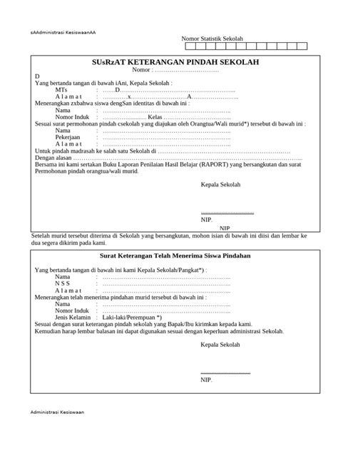 contoh surat pindah sekolah siswa