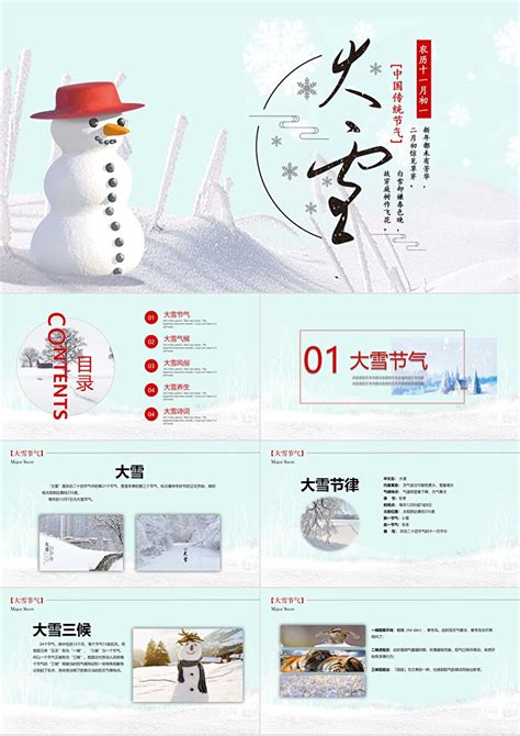 冬季雪人背景的大雪节气介绍ppt模板卡卡办公