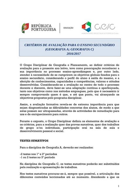 Pdf Crit Rios De Avalia O Para O Ensino Secund Rio Geografia