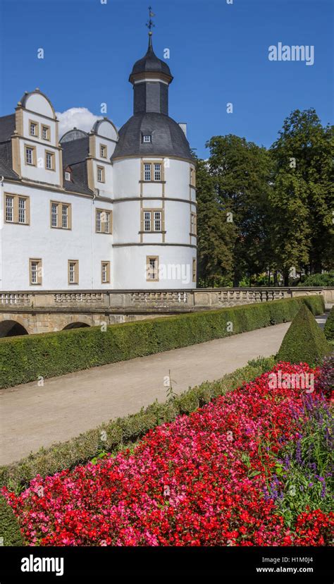 Red flowers in front of the Neuhaus castle in Paderborn, Germany Stock ...