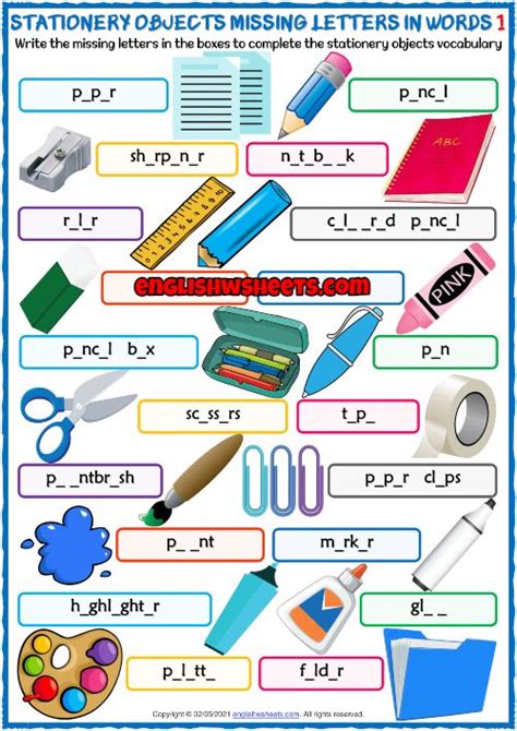 Stationery Objects Esl Missing Letters In Words Worksheets Vocabulary