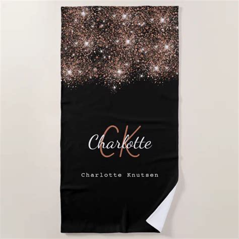 Black Rose Gold Glitter Monogram Name Script Beach Towel Zazzle