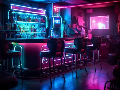 Un Bar Con Luces De Ne N Y Un Bar Con Un Cartel Que Dice Bar Foto