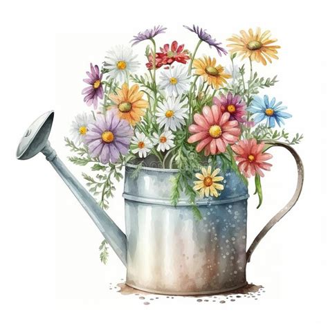 Watering Can With Beautiful Daisy Flowers Watercolor Isolated On White