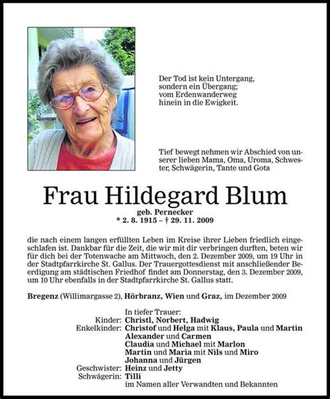 Todesanzeigen Von Hildegard Blum Todesanzeigen Vorarlberger Nachrichten