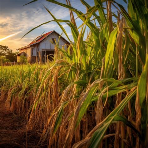 Une Ferme De Plantation De Canne Sucre Avec Une Maison Bleue Et Un