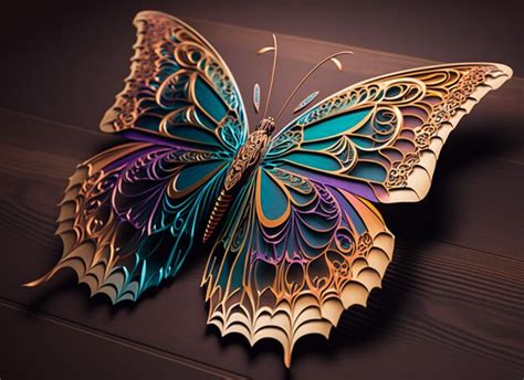 Premium Ai Image Brightly Colored Butterfly On A Wooden Surface With