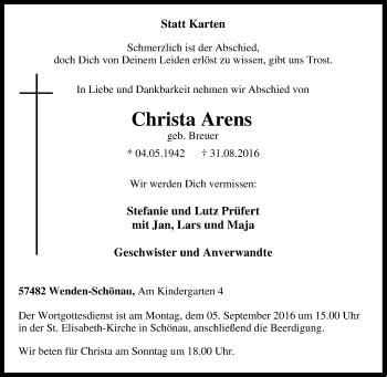 Traueranzeigen Von Christa Arens Trauer In NRW De