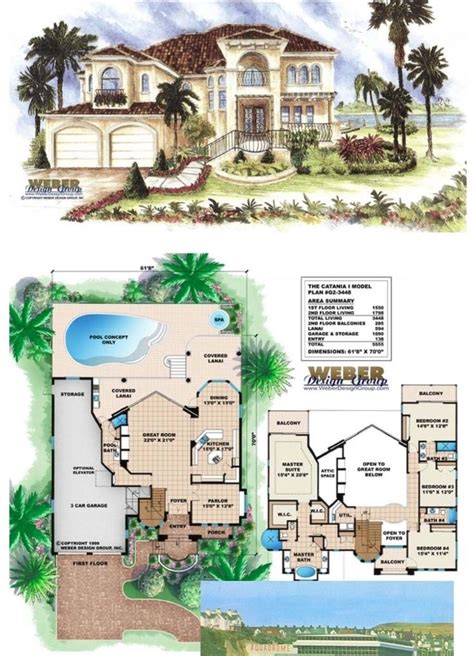 Mediterranean House Plan with Pool and Palm Trees