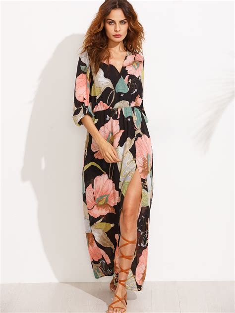 Floral Print Plunge Surplice Split Full Length Dress SheIn Sheinside