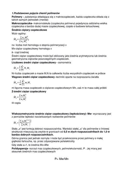 Opracowane zagadnienia na egzamin z chemii polimerów 1 pojęcia chemii