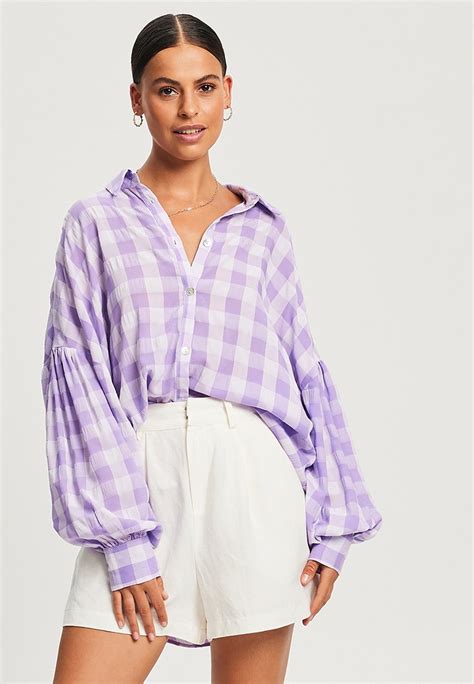 The Fated Val Oversize Button Down Blouse Lavender Ginghamlilac