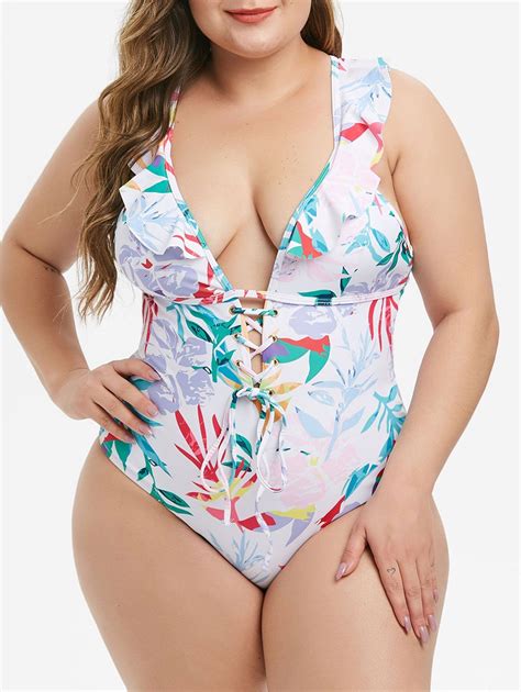 [23 Off] 2020 Plus Size Plunge Lace Up Ruffled Cutout Floral One Piece