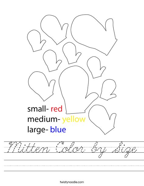 Mitten Color By Size Worksheet Cursive Twisty Noodle