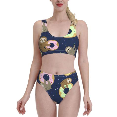 Haiem Sloth With Donuts Women S High Waisted Bikini Set Two Piece