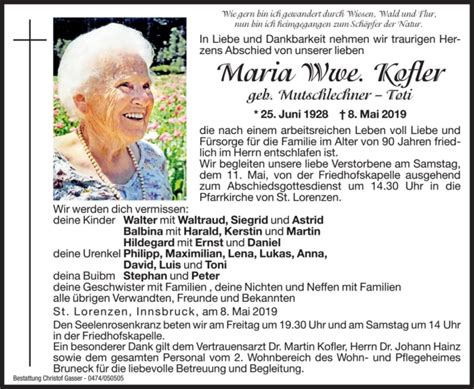 Maria Wwe Kofler aus St Lorenzen TrauerHilfe it das Südtiroler