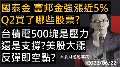 【早晨財經速解讀】國泰金 富邦金強漲近5 Q2買了哪些股票台積電500塊是壓力還是支撐美股大漲 反彈即空點 2022622三