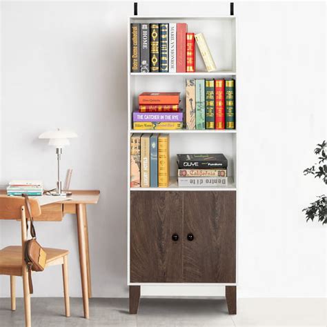 Bornmio 4 Tier Bookcase Storage Cabinet Wooden Bookshelf With 2 Doors