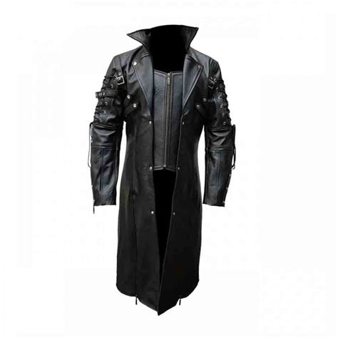 Mens Real Black Leather Goth Matrix Trench Coat Van Helsing Coat Steam Genesis Leather