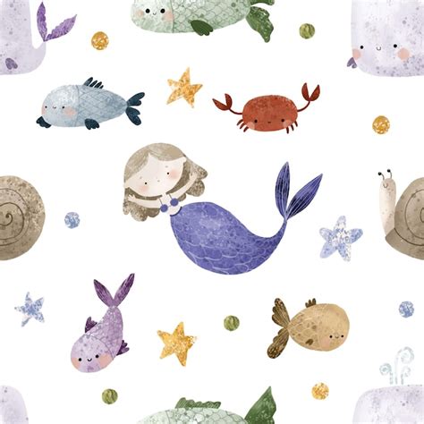 Premium Vector Seamless Pattern With Sea Cartoon Mermaids Mermaid