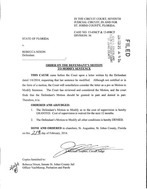 Order On The Defendant S Motion To Modify Sentence Motion To Modify Cost Of Supervision Granted