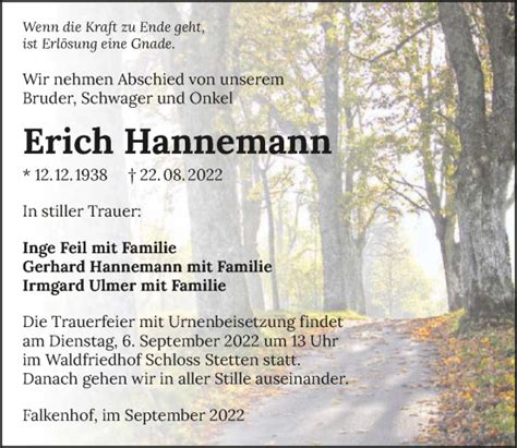 Traueranzeigen Von Erich Hannemann Trauerundgedenken De