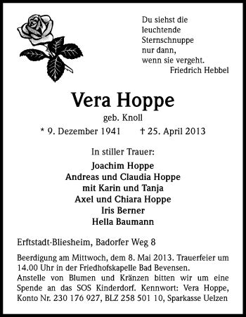 Traueranzeigen Von Vera Hoppe WirTrauern