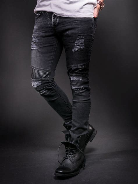 D H Men Skinny Fit Biker Ripped Faux Leather Knees Jeans Black Mens