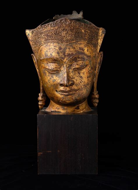 Testa Buddha In Bronzo Con Tracce Di Doratura Thailandia XIX Secolo