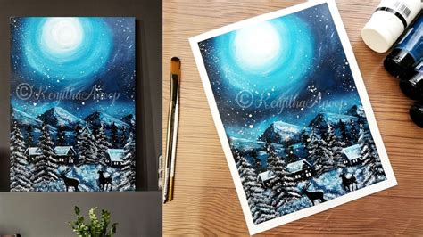 Easy Winter Landscape Painting Snowy Winter Night Step Step Acrylic