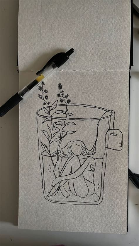 An Ink Drawing Of A Glass Filled With Water And Flowers On Top Of A