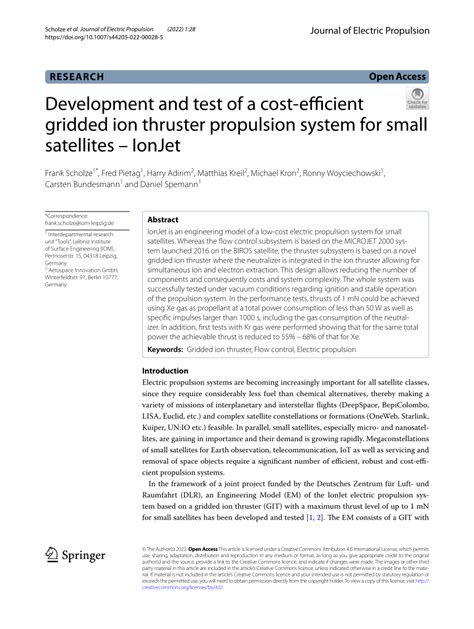 (PDF) Development and test of a cost-efficient gridded ion thruster ...