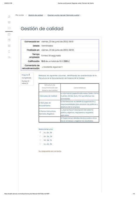 Examen quinto parcial Segunda vuelta Revisión del intento Gestión