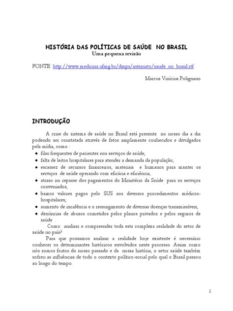 Historia Das Politicas De Saude No Brasil Uma Pequena Revisao Marcus