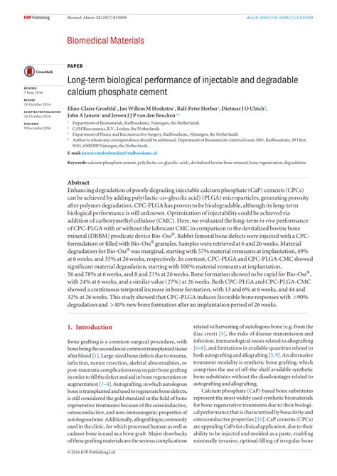 Long Term Biological Performance Of Injectable And Degradable Calcium