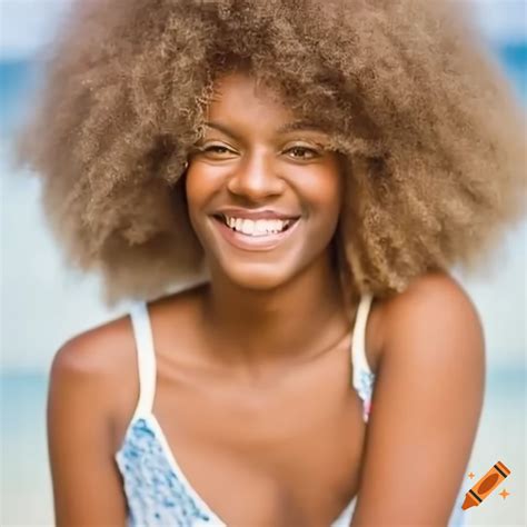 Smiling Woman With Blonde Afro Hair On Craiyon