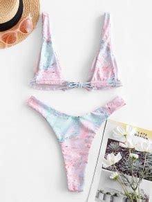 Off Zaful Tie Back Marble Print High Cut Bikini Swimsuit In